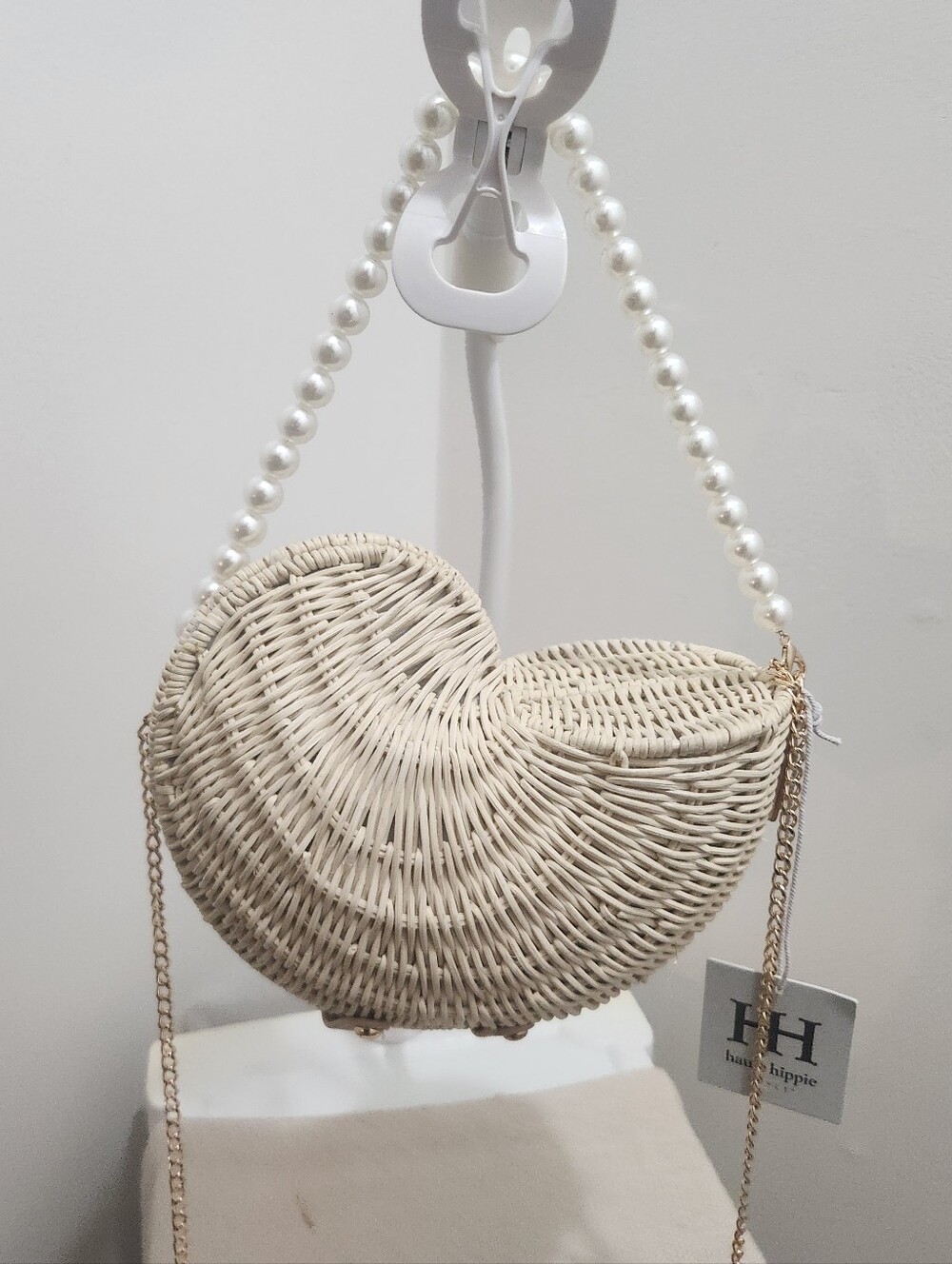 SHELL Cream Woven Pearl-Handle Crossbody Bag